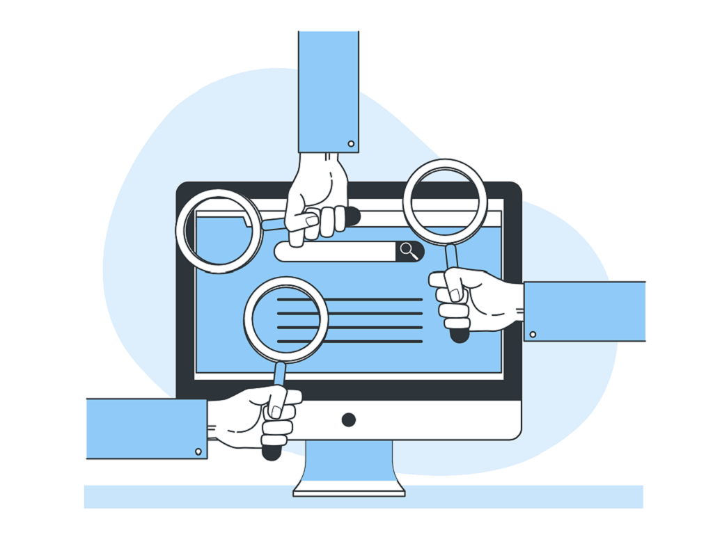Three magnifying glasses examining a journal website on a monitor — verifying ISSN, editorial board and CrossRef DOI claims before submitting a research paper